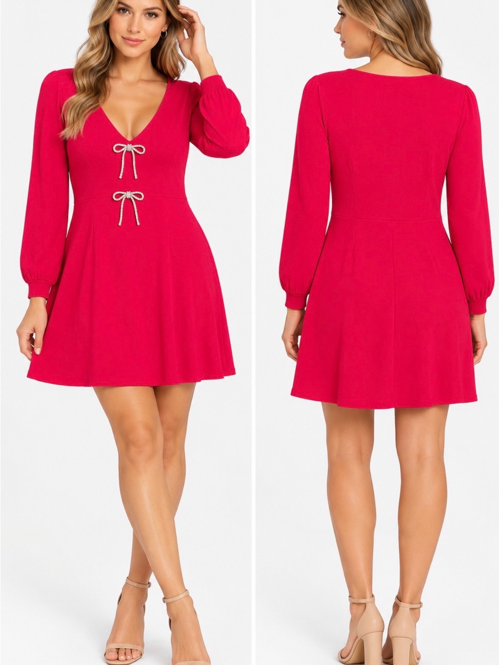 Midnight Doll red  Rhinestone Bow Long Sleeve Mini Dress Size L NWT